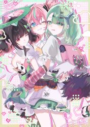  3girls angels_of_delusion aqua_streaks aria_(human)_(zenless_zone_zero) aria_(zenless_zone_zero) arm_warmers bag bandaid bandaid_hair_ornament black_hair black_skirt blush bow collared_shirt colored_inner_hair commentary_request crossed_bangs dress fur-trimmed_skirt fur-trimmed_sleeves fur_trim gloves green_bow green_eyes green_hair green_halo hair_ornament hairclip halo highres hug multicolored_hair multiple_girls multiple_hairclips nangong_yu one_eye_closed pink_arm_warmers pink_bag pink_gloves pink_hair red_eyes shirt skirt smile streaked_hair striped_arm_warmers sunna_(zenless_zone_zero) too_many_bows watermark white_dress white_shirt white_wings winged_bag wings x8n2h zenless_zone_zero 