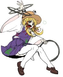  1girl animal_print blonde_hair brown_hat brown_shoes chakram commentary_request frog_print full_body hair_ribbon hat heart highres holding holding_chakram holding_weapon kuya_(hey36253625) loafers long_sleeves moriya's_iron_rings moriya_suwako open_mouth purple_skirt purple_vest red_ribbon ribbon shoes simple_background skirt smile solo touhou tress_ribbon vest weapon white_background wide_sleeves yellow_eyes 