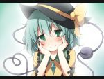  1girl blush chin_rest eyeball green_eyes green_hair hat heart heart_of_string komeiji_koishi short_hair smile solo taku10 third_eye touhou 