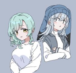  2girls animal_ear_headwear animal_hat blue_hat blush breasts casual cropped_torso dalidari27 flipped_hair green_hair grey_background grey_eyes grey_hair hair_between_eyes hair_ornament hair_scrunchie hat highres jacket kimi_no_koto_ga_dai_dai_dai_dai_daisuki_na_100-nin_no_kanojo large_breasts letterman_jacket long_hair looking_at_viewer mishiro_kogoe multiple_girls nemui_nemu open_mouth rabbit_hat raised_eyebrows sanpaku scrunchie side_ponytail sidelocks sleeves_past_wrists sweater turtleneck turtleneck_sweater wavy_hair white_scrunchie white_sweater yellow_eyes 