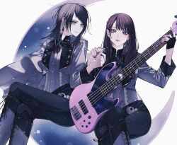  2girls 5-string_bass_guitar bang_dream! bang_dream!_it's_mygo!!!!! bass_guitar black_boots black_hair blackfangs boots brown_hair chinese_commentary closed_mouth commentary_request crossed_legs earrings extended_range_bass_guitar fingerless_gloves flower_stand_art gloves grey_jacket instrument jacket jewelry light_particles long_hair multiple_girls nail_polish okada_mei real_life red_nails voice_actor voice_actor_connection yahata_umiri 