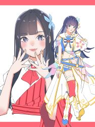  1girl absurdres aqua_eyes ascot black_hair blue_bow blue_bowtie blue_hair blue_shirt blunt_bangs blush boots bow bowtie closed_mouth coat collarbone collared_dress commentary_request cropped_torso dou-da?_doing! dress fold-over_boots fujino_kokoro fujiwaland full_body grey_eyes hair_bow hands_up highres hime_cut ikizulive!_love_live!_bluebird komagata_hanabi long_skirt long_sleeves looking_at_viewer love_live! midriff navel open_hands over-kneehighs pinstripe_coat pleated_skirt real_life red_ascot red_coat red_thighhighs sailor_collar shirt simple_background single_sleeve skirt smile solo striped_bow striped_bowtie striped_clothes thigh-highs voice_actor voice_actor_connection what_is_my_life?_(love_live!) white_background white_boots white_dress white_sailor_collar white_skirt 