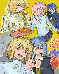  2girls animal_ears animalization antenna_hair aoymkyo arcueid_brunestud blonde_hair blue_eyes blue_hair blue_jacket blue_skirt blush bow breasts cat_ears cat_girl ciel_(tsukihime) collared_shirt commentary_request eating food french_fries green_bow heart heart_hands holding holding_hands holding_ice_cream_cone ice_cream_cone jacket ketchup light_smile looking_at_viewer mouse_ears mouse_girl multiple_girls open_mouth person_and_animalization plaid_clothes plaid_skirt red_eyes school_uniform selfie shirt short_hair sidelocks single_hair_intake skirt smile souya_high_school_uniform sweat sweater tsukihime tsukihime_(remake) turtleneck turtleneck_sweater v vest walking white_sweater wing_collar yellow_vest 