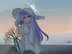  1girl atsuko_(blue_archive) atsuko_(swimsuit)_(blue_archive) beach bikini blue_archive blush camera commentary_request digital_camera flower frilled_bikini frills halo hat holding holding_camera jacket long_hair long_sleeves looking_at_viewer nagatsuki_kei_(nagatsuki22) navel official_alternate_costume purple_hair red_eyes smile solo sun_hat swimsuit white_bikini white_halo white_hat white_jacket yellow_flower 