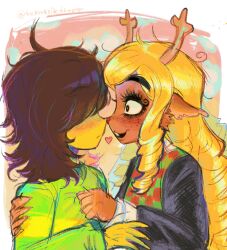  1girl 1other animal_ears antlers blonde_hair blush brown_fur brown_hair buck_teeth checkered_clothes checkered_sweater_vest colored_skin commentary covered_eyes deer_antlers deer_ears deer_girl deltarune english_commentary eyelashes freckles furry furry_female furry_with_non-furry green_sweater heart highres horns interspecies kris_(deltarune) looking_at_another noelle_holiday other_with_female red_nose ringlets simple_background striped_clothes striped_sweater sweater sweater_vest teeth termasikthepup thick_eyebrows twitter_username utdr_(toby_fox) wide-eyed yellow_skin 