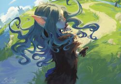  1girl animal_ears bat_ears bat_girl blue_dress blue_eyes blue_sky brown_cloak brown_gloves castle cloak clouds colored_skin commentary day dress from_above from_side gloves grass grey_hair hand_on_own_chin hand_up highres holding holding_gloves holding_unworn_clothes long_hair outdoors parted_lips qwqrofi river road rock signature sigrid_(wargroove) single_unworn_glove sky solo tree untranslatable_commentary unworn_gloves wargroove white_skin 
