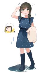  1girl absurdres adjusting_hair anchor_symbol backpack bag belt black_belt black_boots blue_dress blush boots brown_hair chibi chibi_inset commentary_request dress flying_sweatdrops fubuki_(kancolle) fubuki_(spring)_(kancolle) full_body green_eyes grey_jacket hair_between_eyes highres jacket kantai_collection low_ponytail ma_rukan medium_hair open_mouth polka_dot polka_dot_dress ponytail rain short_sleeves sidelocks signature simple_background strap unworn_jacket walking water_drop wet white_background 