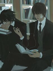  2boys bags_under_eyes bandaid bandaid_on_cheek bandaid_on_face bandaid_on_nose black_hair black_jacket black_necktie black_pants book bookshelf brown_hair collared_shirt commentary_request death_note earphones grey_sweater hair_between_eyes holding holding_book holding_earphones hugging_own_legs jacket l_(death_note) library looking_at_viewer male_focus multiple_boys necktie no_eyebrows own_hands_together pants parted_lips reading shirt shirt_under_sweater short_hair sitting suit_jacket sweater watch watch white_shirt yagami_light zrzz 