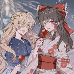  2girls aerial_fireworks alternate_costume blonde_hair blue_bow blue_kimono blue_sash bow braid brown_hair candy_apple chinese_commentary commentary_request fireworks floral_print floral_print_kimono food food_on_face frilled_bow frilled_hair_tubes frills hair_bow hair_ornament hair_tubes hakurei_reimu hitte5416 holding holding_candy_apple holding_food japanese_clothes kimono kirisame_marisa long_hair long_sleeves multiple_girls night obi obijime open_mouth pink_kimono print_kimono red_bow red_eyes red_sash sash side_braid single_braid smile star_(symbol) star_hair_ornament star_print tongue tongue_out touhou wide_sleeves yellow_eyes 
