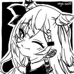  1girl absurdres artist_name black_background border closed_mouth commentary eyelashes greyscale hair_horns hair_ornament highres hololive hololive_indonesia long_hair monochrome one_eye_closed outline portrait shiya_tan00 simple_background sketch smile solo vestia_zeta virtual_youtuber white_border white_outline 