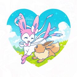 :d animal_focus atom_palace blue_sky bow bright_pupils brown_eyes brown_fur closed_eyes eevee flower fluffy full_body grass heart heart_in_eye highres looking_at_another neck_fur no_humans open_mouth outdoors pawpads pink_flower pink_fur pokemon pokemon_(creature) pokemon_focus ribbon simple_background sky smile sparkle standing sylveon symbol_in_eye two-tone_fur white_background white_fur white_pupils 
