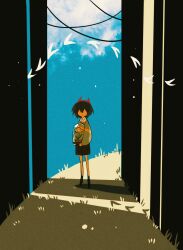  1other aislan blue_sky brown_hair brown_shorts child clouds cloudy_sky commentary day deltarune expressionless flower flowery_(deltarune) glass grass highres holding holding_flower kris_(deltarune) long_sleeves looking_at_viewer nature other_focus outdoors scenery shaded_face short_hair shorts sky striped_clothes striped_sweater striped_sweater_vest sweater untranslatable_commentary utdr_(toby_fox) yellow_flower 
