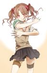  blush bow brown_eyes brown_hair dual_wielding hair_bow long_hair pink_eyes school_uniform shirai_kuroko skirt smile solo sticks sweater_vest thigh_belt thigh_strap to_aru_kagaku_no_railgun to_aru_majutsu_no_index tsuguta twintails 