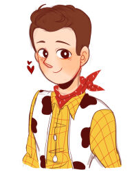  1boy animal_print animification brown_hair cow_print cowboy hat heart highres long_sleeves male_focus nhbzzdy open_mouth sheriff_woody shirt short_hair simple_background smile solo toy_story unworn_hat unworn_headwear vest 