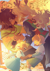  1girl 1other absurdres aged_down animal_ears animal_nose antlers black_nails black_pants black_shirt black_skirt blonde_hair blue_dress braid brown_fur brown_hair checkered_clothes checkered_sweater_vest crythartic dancing deer_ears deltarune dress ear_piercing facial_hair fake_horns furry furry_female furry_with_non-furry goatee green_shorts highres holding_hands horns interspecies kris_(deltarune) long_hair looking_at_another musical_staff nail_polish noelle_holiday pants piercing reindeer_antlers reindeer_girl shirt shorts skirt smile striped_clothes striped_sweater sweater sweater_vest utdr_(toby_fox) 