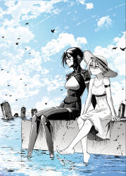  2girls al_chemist alternate_costume alternate_universe android ariane_yeong arm_tattoo barcode barcode_tattoo bare_shoulders barefoot blue_sky broken_moon building clouds cloudy_sky commentary crack day dress elster_(signalis) english_commentary hat highres moon multiple_girls outdoors ruins short_hair signalis simple_bird sitting skin_seams sky sleeveless sleeveless_dress smile soaking_feet splashing sun_hat sundress tattoo water 