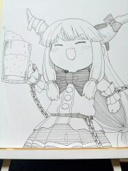  1girl :d absurdres alcohol beer beer_mug blush bow bowtie chain closed_eyes commentary_request cup facing_viewer greyscale hair_bow highres holding holding_cup horn_bow horn_ornament horns ibuki_suika long_hair monochrome mug oni open_mouth photo_(medium) poronegi shirt skirt smile solo touhou traditional_media very_long_hair 