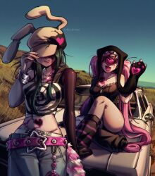  2girls alien_stage animal_ear_headwear animal_ears beanie black_hair black_hat black_leg_warmers black_leotard bracelet camisole car commentary crop_top earflap_beanie grey_hat hand_on_headwear hat heart highres jewelry knee_up leg_warmers leotard long_hair lowleg lowleg_shorts mismatched_leg_warmers mizi_(alien_stage) mizi_(zombie_stage) mizukke motor_vehicle multiple_girls official_alternate_costume on_car panties panty_peek paw_print pink_hair rabbit_ear_headwear rabbit_ears shorts sitting spiral_print star-shaped_buckle star_(symbol) star_belt_buckle strapless strapless_leotard striped_leg_warmers sua_(alien_stage) sua_(zombie_stage) twintails underwear untranslatable_commentary very_long_hair waving white_camisole zipper zipper_leotard zipper_pull_tab zombie_stage 