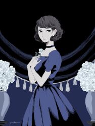  1girl absurdres blue_dress brown_hair check_commentary choker commentary commentary_request curly_hair dress earrings flower gghost0627 grey_eyes highres holding holding_flower jewelry lipstick looking_at_viewer makeup muted_colors original pearl_earrings rose short_hair tapestry tassel vase white_flower white_rose 