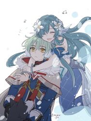 1boy 1girl 1other alyosha_(genshin_impact) armpit_crease artist_name bare_shoulders blue_hair blue_jacket blue_sleeves blush cape closed_eyes commentary_request detached_sleeves dog earmuffs eyelashes fins floating_hair flower frown fur-trimmed_cape fur_trim genshin_impact green_hair grin hair_between_eyes hair_flower hair_ornament hair_over_one_eye happy head_fins highres hug hug_from_behind jacket long_hair merfolk mermaid midair miyami_gs monster_girl musical_note nervous_sweating notice_lines parted_bangs sidelocks signature simple_background singing smile sweat very_long_hair vodyanitsa_(genshin_impact) white_background white_cape white_flower yellow_eyes 
