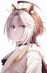  1girl ahoge animal_ears ascot black_ascot changmakura closed_mouth commentary_request ear_covers frown gem green_gem highres horse_ears horse_girl jacket long_hair long_sleeves looking_at_viewer multicolored_hair orange_hair orfevre_(control)_(umamusume) orfevre_(umamusume) simple_background single_ear_cover solo two-tone_hair umamusume upper_body violet_eyes white_background white_hair white_jacket 