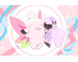  1girl ^_^ blush blush_stickers chibi clefable closed_eyes commentary_request dark-skinned_female dark_skin eyelashes fascinator fishnets gloves hat hug jacinthe_(pokemon) jacket long_hair long_sleeves mega_clefable mega_pokemon mega_stone mitsuiro0226 open_mouth pokemon pokemon_legends:_z-a purple_hair purple_hat purple_jacket purple_shirt purple_skirt shirt skirt smile twintails very_dark_skin very_long_hair white_gloves wings 