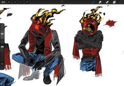  1other anger_vein black_boots black_gloves black_skin black_sweater blue_jacket boots cold colored_skin dante_(limbus_company) gloves highres jacket limbus_company multiple_views project_moon red_scarf scarf simple_background sweat sweater white_background yishang20080516 