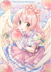  1girl :o angel_wings blush bow bowtie braid buttons center_frills collared_shirt commentary_request commission feathered_wings food frilled_skirt frills fruit glove_bow gloves green_eyes hair_between_eyes highres holding holding_food holding_fruit long_hair looking_at_viewer motchida open_mouth original peach pink_bow pink_bowtie pink_hair pink_skirt shirt short_sleeves skeb_commission skirt sleeve_bow solo striped_bow striped_bowtie striped_clothes twin_braids twitter_username white_gloves white_shirt wings 