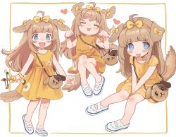  1girl ahoge animal_ears bag bare_legs blue_eyes blush_stickers bow brown_hair butter_(trickcal) child commentary_request dog_ears dog_girl dog_tail dress fang full_body gossmm10ws hair_bow handbag heart highres long_hair looking_at_viewer lying multiple_views no_socks on_back shoes sitting sleeveless sleeveless_dress slingshot_(weapon) standing tail thick_eyebrows tongue tongue_out trickcal white_shoes wristband yellow_bow yellow_dress 