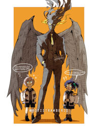  1boy 1girl 1other ? ?? aged_down ahoge ambiguous_gender bag belle_(zenless_zone_zero) blue_hair business_suit english_text formal_clothes full_body glowing glowing_eyes green_eyes grey_hair grey_suit hair_between_eyes hair_ornament hands_in_pockets looking_at_another looking_at_viewer necktie open_mouth orange_background roti_strawberi school_uniform scorched_horizon_(zenless_zone_zero) shirt short_hair speech_bubble suit twitter_username wise_(zenless_zone_zero) yellow_necktie zenless_zone_zero 