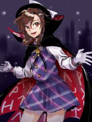  1girl black_cape black_hat brown_eyes brown_hair cape commentary_request fedora glasses gloves hat highres kuya_(hey36253625) miniskirt night open_mouth plaid_clothes plaid_skirt plaid_vest purple_skirt purple_vest red-framed_eyewear shirt sketch skirt solo thighs touhou usami_sumireko vest white_gloves white_shirt 