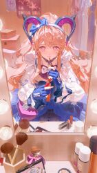  1girl absurdres applying_lipgloss arknights arknights:_endfield blue_dress blue_gloves breasts brown_hair chinese_commentary commentary_request cowboy_shot curled_horns demon_girl demon_horns dress earrings frilled_dress frills gloves hair_ornament heart heart_earrings highres horns indoors jewelry liino_(arknights) lipgloss long_hair long_sidelocks looking_at_mirror makeup medium_breasts mirror multicolored_horns partially_fingerless_gloves pointy_ears ponytail reflection reflection_focus shrug_(clothing) sidelocks solo star-shaped_pupils star_(symbol) star_hair_ornament symbol-shaped_pupils table two-tone_horns vanity_table violet_eyes watermark weibo_username weibo_watermark white_shrug zhongjin 