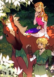  1boy 1girl armor blonde_hair blurry blurry_foreground breasts closed_eyes dress earrings elbow_gloves fingerless_gloves gloves grass green_tunic hat horse horseback_riding jewelry link long_hair outdoors phrygian_cap pointy_ears princess_zelda rani_grb riding short_hair shoulder_armor sidelocks standing the_legend_of_zelda the_legend_of_zelda:_ocarina_of_time tiara tunic unworn_hat unworn_headwear white_gloves 