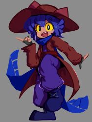  1other alternate_costume androgynous animal_hat black_eyes black_gloves blue_hair blue_scarf blue_shoes brown_coat brown_hat cat_hat child coat colored_sclera commentary dot_nose english_commentary fang fingerless_gloves gloves grey_background hand_up hat highres index_finger_raised long_coat long_scarf long_sleeves looking_at_viewer medium_hair mouthwash_inc niko_(oneshot) oneshot_(game) open_hand open_mouth other_focus pants purple_pants purple_shirt scarf shirt shoes smile solo standing standing_on_one_leg teeth upper_teeth_only yellow_sclera 