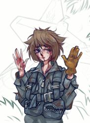  1girl absurdres bad_source blood blood_from_head blue_eyes brown_gloves brown_hair collarbone crash flight_suit gloves grass grey_jacket grin hands_up highres jacket load-bearing_equipment long_sleeves looking_at_viewer medium_hair nosebleed original outdoors pilot single_glove smile soldier solo surrendering unzipped wehrmacht world_war_ii zap-nik zipper_pull_tab 