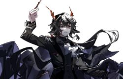  1boy animal_ears arknights arm_up ascot black_cape black_hair black_jacket black_shirt cape commentary_request conductor_baton ebenholz_(arknights) epaulettes formal_clothes goat_boy goat_ears goat_horns hair_between_eyes highres holding holding_wand horns jacket long_hair long_sleeves looking_at_viewer male_focus ok_o_o shirt simple_background solo suit upper_body violet_eyes wand white_ascot white_background 