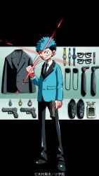 1boy absurdres black_background black_eyes black_hair black_necktie black_pants blue_hair blue_jacket chrono_(fate_rewinder) closed_mouth clothes_hanger collared_shirt cosmetics fate_rewinder formal_clothes full_body glasses gun handgun highres holding holding_gun holding_weapon jacket jewelry kimura_fuuta_(uldorafu) lapels long_sleeves looking_at_viewer makeup male_focus multicolored_hair necktie pants phone shirt shoes short_hair smile solo spiky_hair standing suit unworn_eyewear watch weapon white_shirt 
