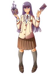  1girl blazer bombom book brown_skirt card closed_mouth dark_mage_(housamo) grey_socks holding holding_book holding_card jacket official_art pleated_skirt purple_hair school_uniform shaded_face skirt smile socks solo spell_card third-party_source tokyo_afterschool_summoners transparent_background violet_eyes 