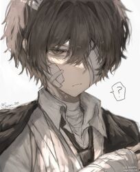  1boy ? absurdres bandage_over_one_eye bandaged_arm bandaged_neck bandages bandaid bandaid_on_cheek bandaid_on_face black_hair brown_eyes bungou_stray_dogs closed_mouth crying dazai_osamu_(bungou_stray_dogs) hair_between_eyes highres looking_to_the_side male_focus one_eye_covered ruiseru_080 short_hair simple_background solo spoken_question_mark tears thank_you twitter_username upper_body white_background 