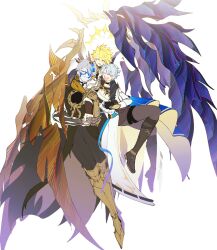  3boys ^_^ antenna_hair armor armored_boots artist_name asymmetrical_wings black_boots black_choker black_gloves black_pants black_robe black_shirt blonde_hair blue_cape blush_stickers boots cape choker closed_eyes closed_mouth coat collared_shirt cracked_skin crossed_bangs fingerless_gloves flying full_body gauntlets gloves grey_hair grey_pants hair_between_eyes halo halo_behind_head high_collar highres holding_another's_wrist honkai:_star_rail honkai_(series) hooded_robe hug hug_from_behind long_hair_between_eyes long_sleeves male_focus multiple_boys multiple_persona neck_tattoo open_mouth pale_skin pants pauldrons phainon_(flame_reaver)_(honkai:_star_rail) phainon_(honkai:_star_rail) phainon_(khaslana)_(honkai:_star_rail) robe sakae_0_0 shirt short_hair shoulder_armor simple_background single_gauntlet single_pauldron smile sun_symbol sun_tattoo tattoo teeth thigh_strap white_background white_coat wings yellow_halo 