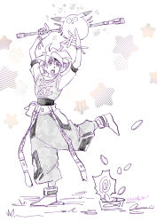  1boy ark_(tenchi_souzou) arms_up baggy_pants commentary_request creature forehead_jewel forehead_protector full_body greyscale highres holding holding_staff leg_up male_focus monochrome open_mouth pants shoes short_hair short_sleeves simple_background solo spiky_hair staff standing standing_on_one_leg star_(symbol) tenchi_souzou tentikinoko white_background wristband yomi_(tenchi_souzou) 