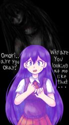  2girls absurdres blush collared_shirt commentary double-parted_bangs english_commentary english_text hair_between_eyes hellmari_(omori) highres long_hair looking_at_viewer mari_(headspace)_(omori) mari_(omori) multiple_girls neckerchief nrdeluxe omori open_mouth pleated_skirt purple_hair purple_sweater_vest red_neckerchief red_skirt shirt short_sleeves skirt sweat sweater_vest violet_eyes white_shirt 