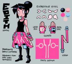  1girl baggy_pants bare_shoulders black_boots black_hair black_shirt black_shoes blank_eyes boots breasts character_name character_profile color_guide edith_(teknodice) english_text fingerless_gloves full_body garter_straps gloves gradient_background hair_bun original pants pink_garter_straps pink_gloves pink_pants pointing_out_the_details reference_sheet shirt shoes short_hair small_breasts solid_eyes solo standing teknodice text_focus vertical_text 