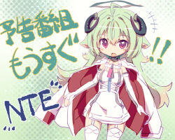  1girl ahoge animal_ears black_choker choker commentary_request copyright_name curled_horns dress elbow_gloves fingerless_gloves garter_straps gloves goat_ears goat_girl green_hair horns iroi_(nte) jacket looking_at_viewer neverness_to_everness open_mouth solo thigh-highs violet_eyes white_dress white_garter_straps white_gloves white_jacket white_thighhighs yoshi_(crossmind) 