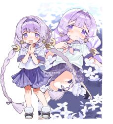  1girl :d absurdly_long_hair alternate_costume blush braid closed_mouth commentary_request crescent crescent_hair_ornament egasumi fang field flower flower_field frilled_sailor_collar frills full_body gossmm10ws hair_intakes hair_ornament hairband highres lace-trimmed_socks long_hair looking_at_viewer low_twin_braids lying multiple_views on_back open_mouth pleated_skirt purple_hairband purple_sailor_collar purple_skirt sailor_collar sandals school_uniform serafuku short_sleeves skirt smile socks standing trickcal twin_braids twitter_username very_long_hair white_socks yomi_(trickcal) 
