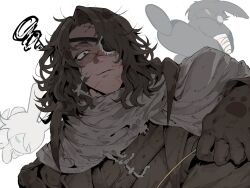  1boy animalization blue_eyes brown_coat brown_gloves brown_hair cattail closed_mouth coat faust_(project_moon) gloves grey_scarf heathcliff_(project_moon) highres limbus_company outis_(project_moon) parted_bangs paw_print plant project_moon rabbit scar scar_on_face scarf simple_background smile solo teihen_do_9981 wavy_hair white_background white_hair wuthering_heights_(identity)_(project_moon) 