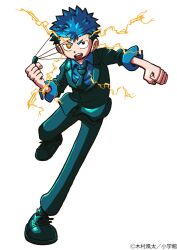  1boy black_necktie blue_hair blue_shirt brown_eyes chrono_(fate_rewinder) clenched_hand clenched_hands collared_shirt electricity fate_rewinder full_body holding jacket kimura_fuuta_(uldorafu) leg_up long_sleeves looking_at_viewer male_focus necktie open_mouth pants shirt shoes short_hair simple_background solo spiky_hair standing standing_on_one_leg suit teeth v-shaped_eyebrows watermark white_background 
