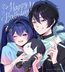  1boy 1girl artist_self-insert bandana bandana_around_neck beads black_hair black_track_suit blue_bandana blue_eyes character_doll crossed_bangs doll fang hair_beads hair_between_eyes hair_ornament hairclip hetero highres holding holding_doll jacket long_hair long_sleeves multicolored_hair navy_hikari noragami oc_x_canon one_eye_closed original pants pink_nails pink_streaks purple_hair scarf short_hair short_sleeves star_(symbol) star_hair_ornament streaked_hair track_suit twintails violet_eyes yato_(noragami) 
