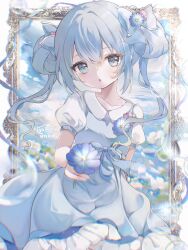  1girl :o blue_bow blue_dress blue_eyes blue_flower blue_hair bow collarbone collared_dress commentary_request dress flower flower_on_chest frilled_dress frills hair_bow highres holding holding_flower mofuuneko ongeki open_mouth picture_frame puffy_short_sleeves puffy_sleeves short_hair short_sleeves solo suzushima_arisu 