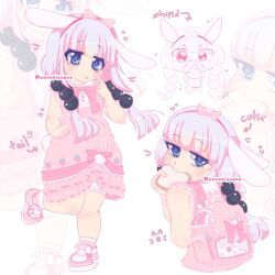 1girl animal_ears arrow_(symbol) backpack bag beads bloomers blue_eyes blush bow bow_hairband bowtie bread bread_slice doodle_inset dress fake_animal_ears food food_in_mouth frilled_dress frills full_body hairband heart jitome kanna_kamui kobayashi-san_chi_no_maidragon looking_at_viewer low_twintails mouth_hold pink_bag pink_bow pink_bowtie pink_dress pink_shoes pink_theme purple_hair pwushipupz rabbit_ears rabbit_tail shoes solo standing standing_on_one_leg tail toast toast_in_mouth twintails twitter_username white_bloomers zoom_layer 